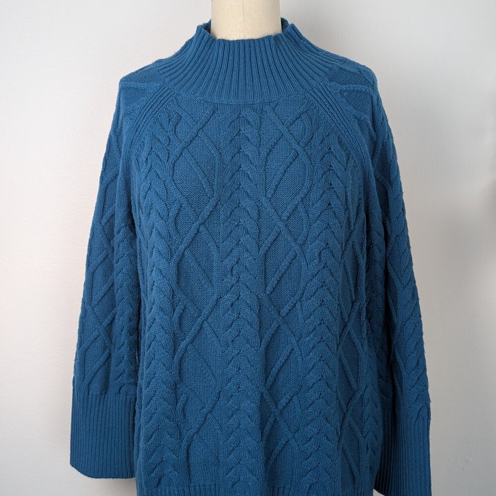 Blue Cable Knit Sweater Cotton Blend Turtleneck Pullover Talbots Plus Fashion 1X
